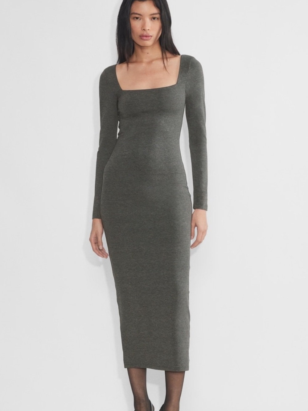 Aritzia Long Sleeve Square Neck Midi Dress in Olive Grey